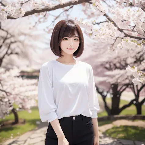 A bob haired woman with bangs wearing white full sleeve t shirt and black pants, standing and posing in cherry blossom nature. Short Hair, Solo