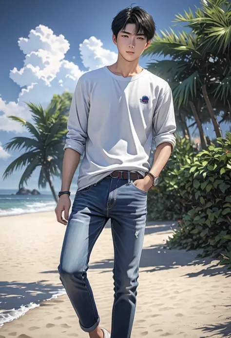 male student，Jeans，with short black hair，Asian，beach side，look at the camera，realistic graphics，high quality photos,Rough skin