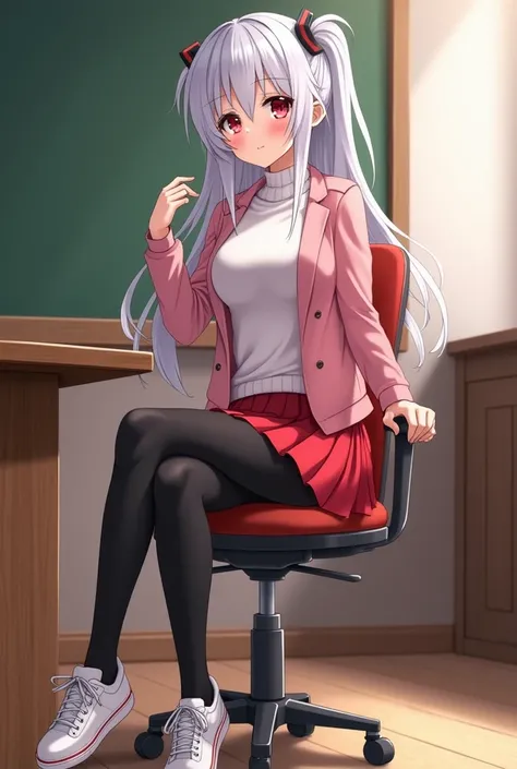 Anime teacher sexy body white silver hair very red eyes with red skirt black tights white sneakers and a sweater shows a pink jacket sitting in a teachers chair looking into my eyes blushed with cheeks long hair big breasts very beautiful model sex