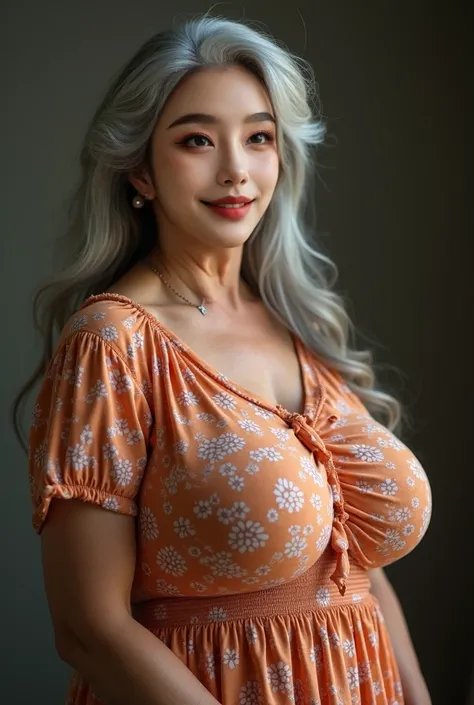 a beautiful matronly woman with abnormally huge round breasts, (((thin body))), pleasant smile, vibrant flare skirt shirtwaist dress, long gray hair, realistic profile view, looking directly at the camera, her breasts are huge, bulging, and well-rounded