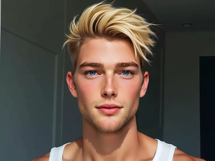  A man looking forward with the following characteristics:  Almond blue eyes . Slightly bump straight nose.  Slightly thick eyebrows .  Slight freckles on the nose , hombros y neck.  Small polka dots on , arms, neck.  full lips.  white skin . 187 cm . Stra...