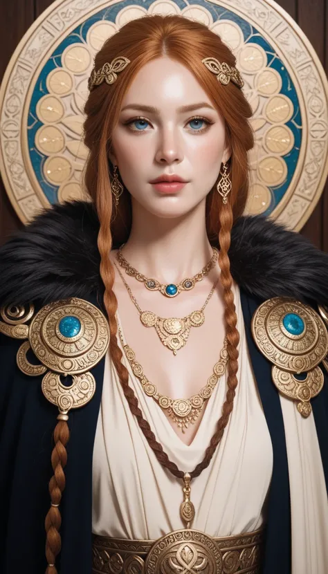 The Norse goddess Freyja in her cloak of white falcon feathers, wearing an elaborate Viking necklace of gold and jewels. Art Nouveau style.