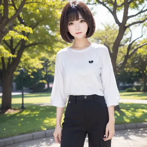 A bob haired woman with bangs wearing white full sleeve t shirt and black pants, standing and posing in park. Short Hair, Solo