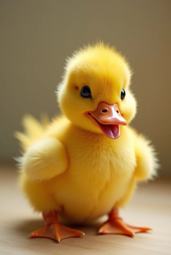 Description of the hybrid between a dog and a duck with a smooth yellow coat and lifelike wings of a duckling and a fluttering duck tail. With the puppys mouth and mouth the tongue looks very funny and scrapes  