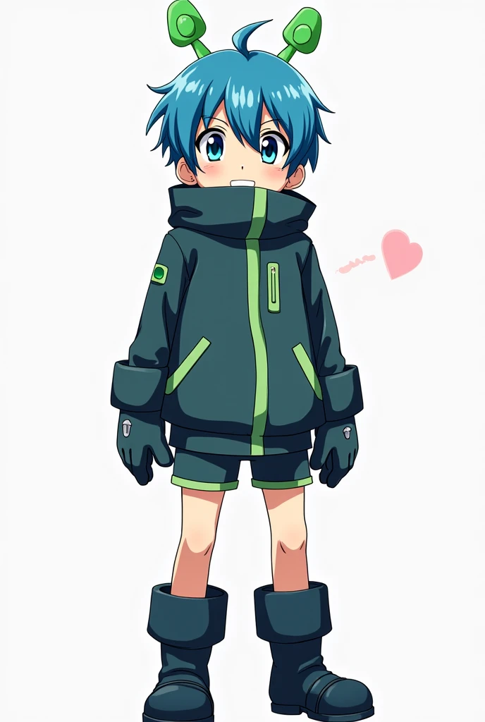 A boy with blue hair and green highlights ,  with two alien antennas on his head ,  a collarless jacket and gloves such as warmers ,  a shorts and warmers with boots dressed in frugiter aero style in anime style