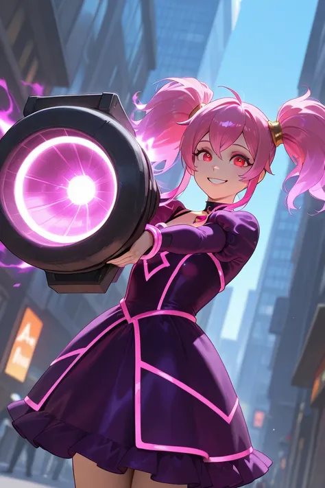 Character Layla from Mobile Legends, with long pigtails, neon pink hair, bright red eyes, a cheerful and pretty smile, a full-body gothic dress, the black and bright purple dress with pretty details and accessories, holding a weapon like a very large futur...