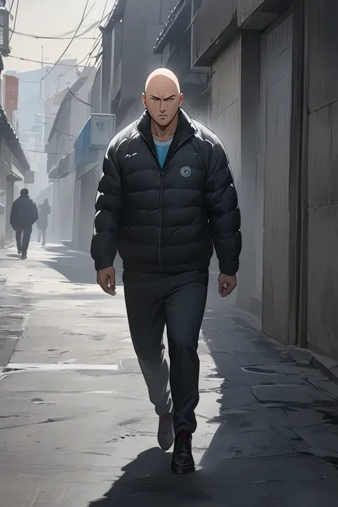 A bald man alone, con ropa deportiva ,walking down an empty street on New Year,  High resolution,  masterpiece, Pintura de acción, imagen estilo one punch man