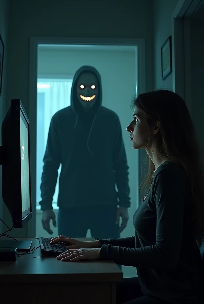 "A computer monitor glows in a dark room. In the reflection of the screen, a dark, frightening-looking man dressed in dark clothing appears standing behind a seated woman. The man has a sinister smile and glowing eyes, while the woman looks confused and be...