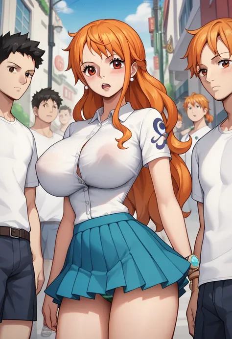 score_9, score_8_up, score_7_up, source_anime, best quality, clear face, Nami, orange hair, orange eyes, long hair, large breasts, perfect body, looking at viewer,embrassed cute confused, ,watered eyes, china d, dynamic angle,blushing,embrassed,big boob, w...