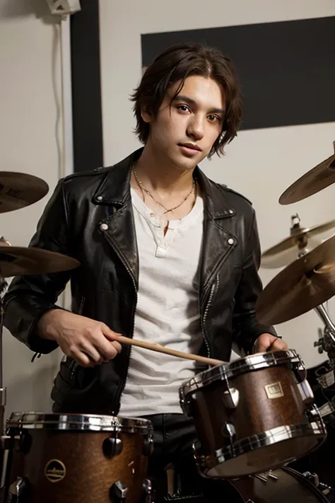 Male drummer with sticks in hand, brown eyes, wearing leather jacket, short hair