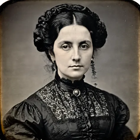 1870s, daguerreotype portrait of a dark-haired woman in her 30s dressed in a black gothic bouffant dress