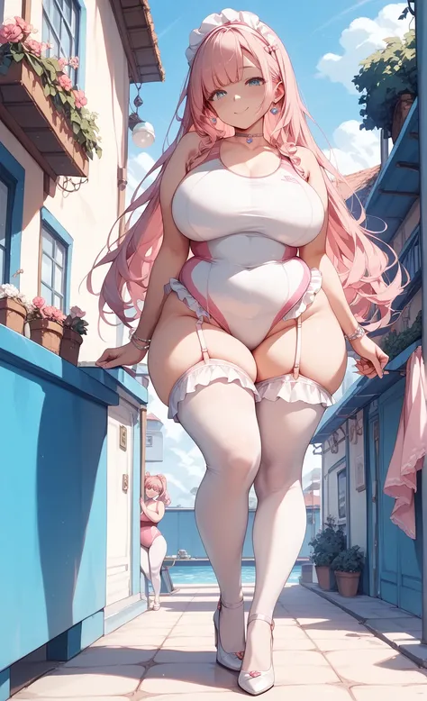   pink frill competitive swimsuit　　 frilly competition swimsuit 　 leotards　pink color pants , Super long hair,  Big Breasts , White tights　 Garter Belt　 high heels　 Around Town Plump Thighs