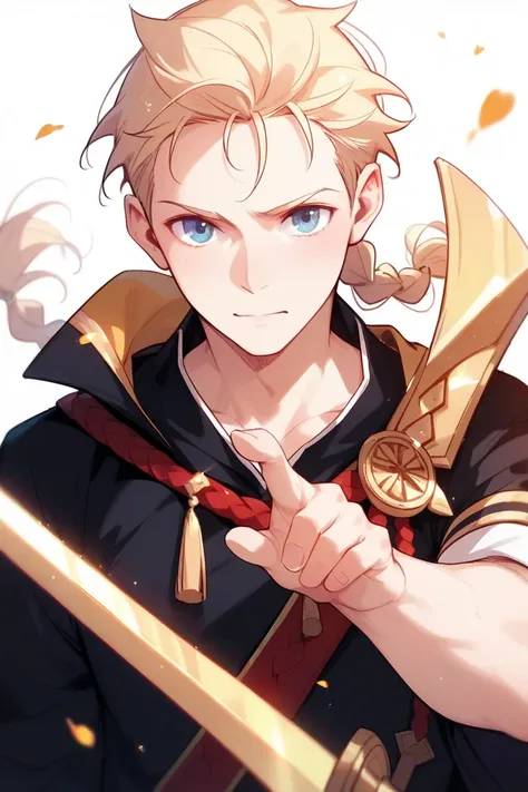 A 25-year-old blond haired and braided young man, with a big, golden sword in his hands