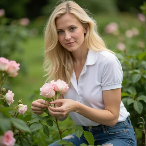  Beautiful blonde woman with very fair skin shining blue eyes,  in a beautiful garden with a white polo shirt and jeans , cutting roses .