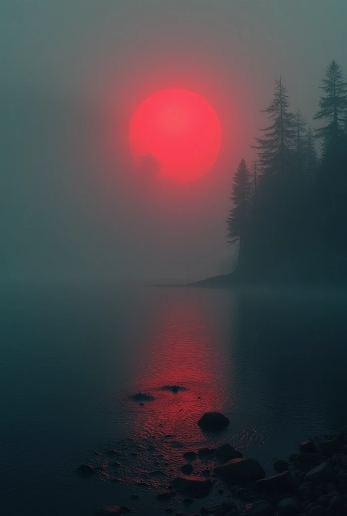 Foggy reddish sunset depressing and dark theme with dark and foggy aquamarine water most realistic 