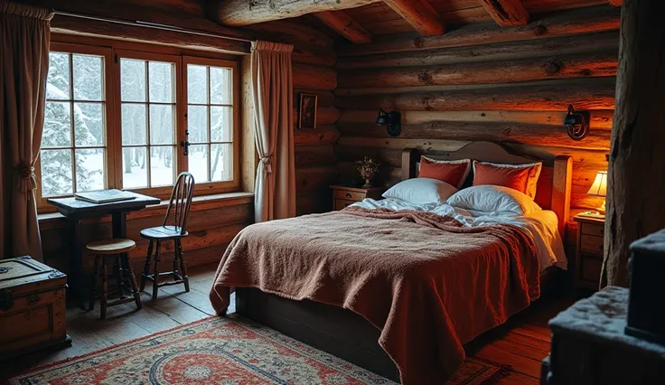 
A rustic cabin on a winter day, with a double bed covered in warm blankets, a cozy fireplace crackling in the corner, casting a soft golden glow across the wooden walls. A small table with two chairs sits nearby, inviting quiet conversation or a warm drin...