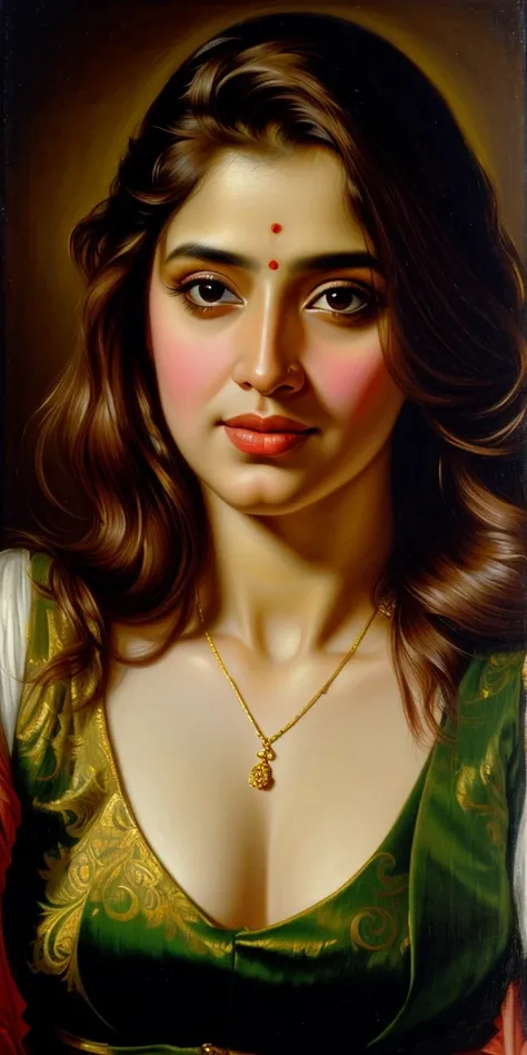 Beautiful curvy malayali Woman, wearing saree, sari Beauty, gorgeous, Apsara, Maharani, royal queen woman, nymph from Hindu Mythology, Urvashi, matchless beauty, Highly detailed, Oil Painting by Peter Paul Rubens inspired by Raja Ravi Varma, Matchless beau...