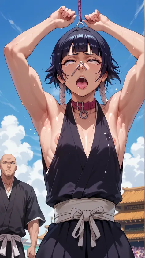 a picture, inspired by Kentaro Miura, trending on pixiv, soifon from bleach, black uniform, favorite scene, fine details, skins, sweating, small breasts, both hands raised, armpits, (small head),armpits visible, dripping with sweat, more more sweat, ((Japa...