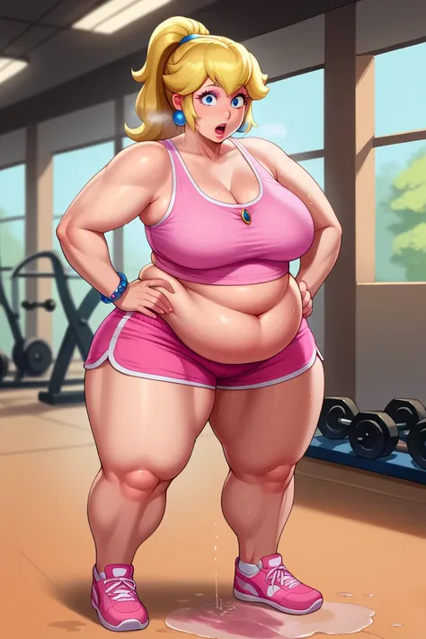 score_9, score_8_up, score_7_up, BREAK, 1girl, solo, princess peach, 1girl, solo, , blonde hair, ponytail, jewelry, bracelet, makeup, casual, cowboy shot, blue eyes, looking at the viewer, large breasts, hands on hips, pink tanktop, sweaty, pink shorts, sw...