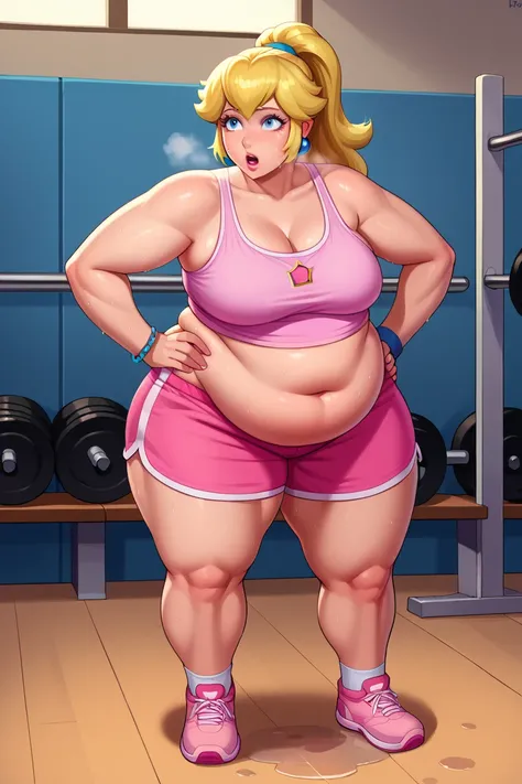 score_9, score_8_up, score_7_up, BREAK, 1girl, solo, princess peach, 1girl, solo, , blonde hair, ponytail, jewelry, bracelet, makeup, casual, cowboy shot, blue eyes, looking at the viewer, large breasts, hands on hips, pink tanktop, sweaty, pink shorts, sw...