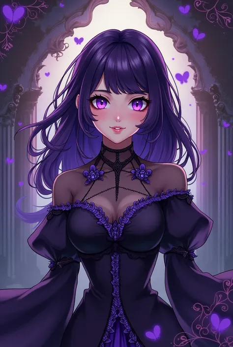 pixel ,  Female character with dark purple hair,wearing a black and purple dress ,  rendered fantasy background , Size 1280x1280 , Sonrisa ligera,  violet eyes ,