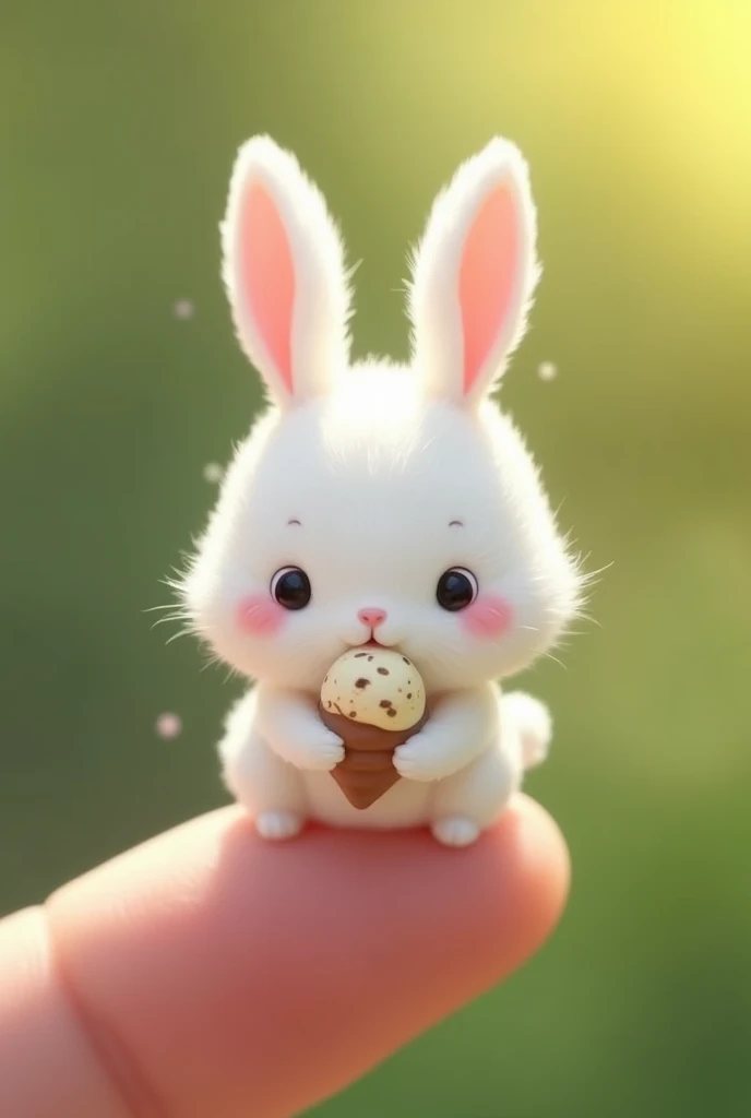 There is a little rabbit on my finger， Little Minzis body is the size of a nail cover ，White furry， It holds a small object similar to ice cream in its mouth。Natural background blurry ， to highlight the cute image of Little Minzi 。 a clear cute image of a ...