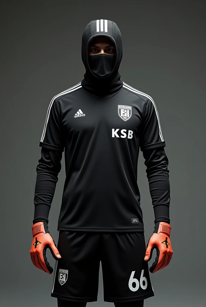  Create a goalkeeper in a completely black outfit with black gloves  , Make his uniform look like the one from Santos Futebol Clube  ,  and make a shield on the uniform and just below the shield the letters highlight  "E F A I"  and on the goalkeepers back...