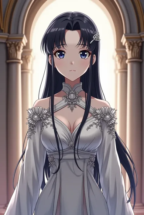 Draw a female noble lady character in anime style. She has an oval-shaped face with smooth white skin, large sharp dark blue eyes, high and slightly curved eyebrows, and thin lips with a cold smile. Her long black hair is straight or slightly curled, neatl...