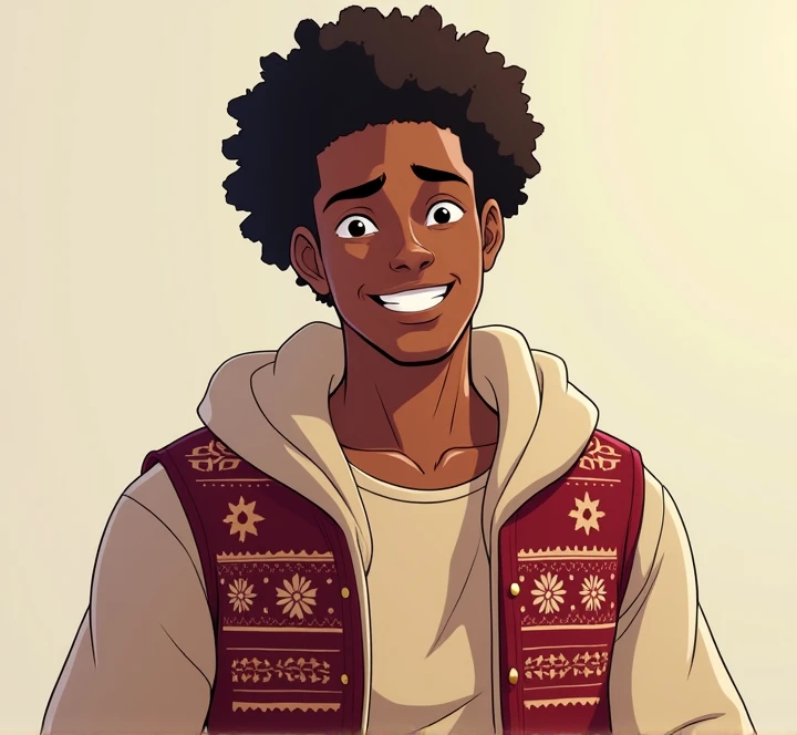 Black man, wearing an open Christmas vest over his abdomen, in burgundy red color, 2d anime style, curly hair