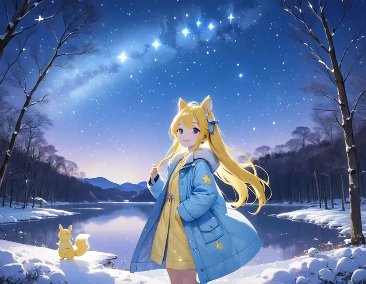 A starry sky 、 Light Blue Long Hair 、 a beautiful girl with a twin-tail hairstyle、smile、I have a squirrel in my palm 、Winter night sky、Clear air、 full moon、The stars are falling、 the Big Dipper shines 、Yellow down coat、 by a lake in a mysterious forest wit...