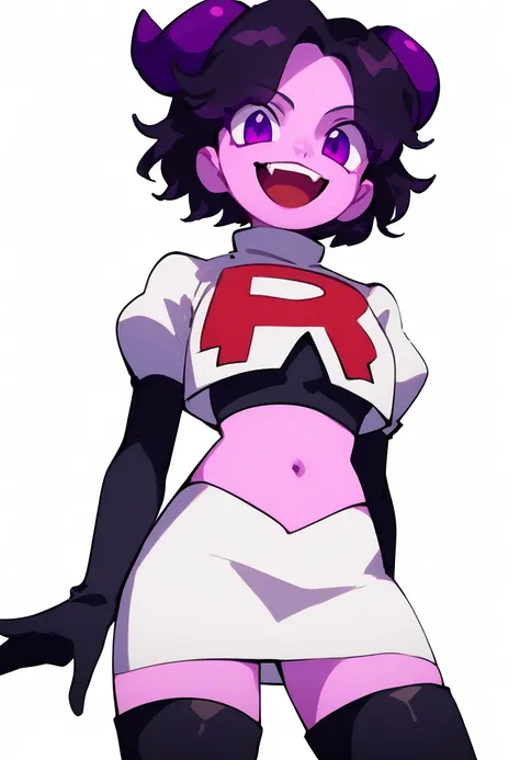 jellybean_yt, solo, looking at viewer, smile, short hair, open mouth, black hair, 1girl, white background, purple eyes, female focus, horns, teeth, colored skin, fangs, team rocket,team rocket uniform,white skirt,red letter R,crop top,black thigh-highs,bla...