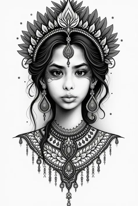 Transform this image into an Indian woman in the form of a black and white drawing, tattoo style 