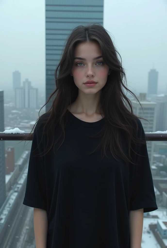 Beautiful Russian girl in a black ordinary loose t-shirt on a skyscraper in winter