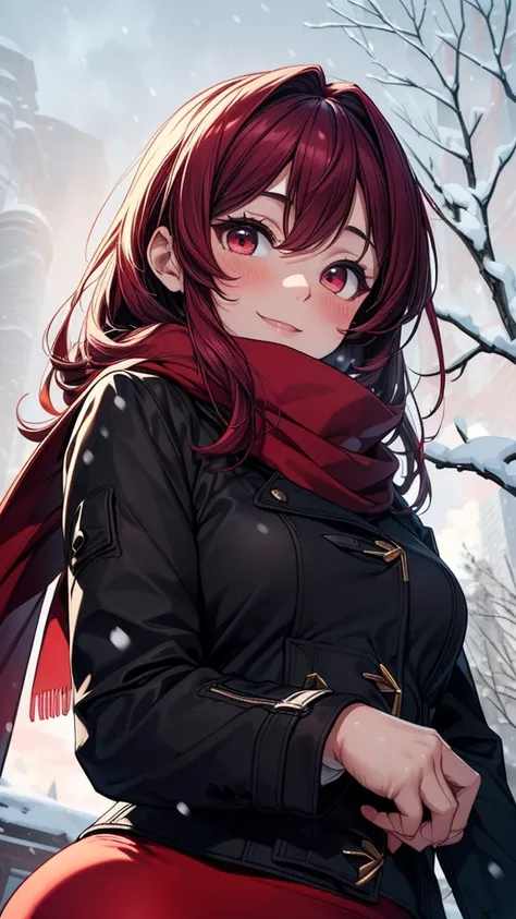 ((masterpiece, best quality:1.3, high detail)), beautiful woman, smile, looking at viewer, long hair, (maroon hair), solo focus, one person only, full-face blush, (black winter coat, red scarf, (long red pencil ((skirt))), boots, outdoors, (cloudy sky, sno...