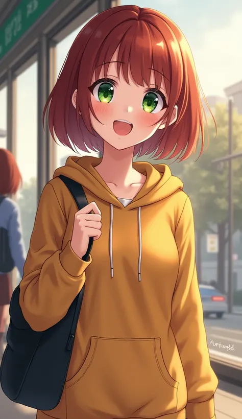  One girl , Older sister, high res, chest,  shortcuts, reddish brown bob hair , mustard colored hoodie, emerald green eyes,  anime illustrations, character design drawing,Red Shoes, black shoulder bag ,station,Going out, Tram,morning,whole body,smile, is o...