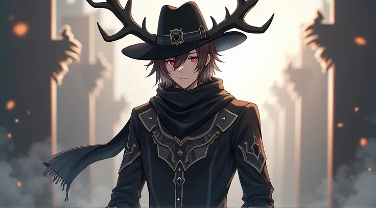 Can you make me a male anime type character that has a shirt with black and gray squares that has a cover in the middle and in the middle that has black, A pair of black pants,  black elk horns , brown hair , some red eyes, a long black scarf and a black c...