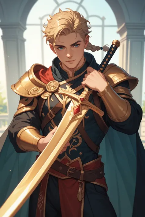 A 25-year-old blond haired and braided young man, with a big, golden sword in his hands