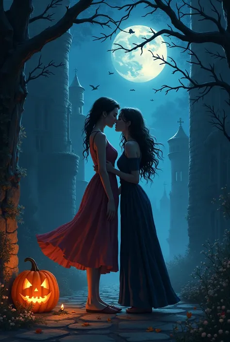 Cartoon of two women in the stillness of a Halloween night,  when the lights of the castle twinkled and the echoes of the festivities filled the corridors ,  Mireya decided to confess what she felt .  “Julieta ,  I think I feel something for you” ,  she sa...