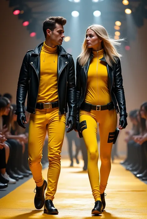 A 27-year-old boy wearing a light yellow deadpool costume , wears a black leather jacket dan seorang anak perempuan umur 27 tahun mengenakan kostum deadpool warna kuning muda, wears a black leather jacket,Blonde hair, walk together on the stage of a fashio...