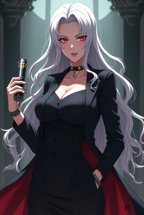 Older woman anime wearing black jacket black skirt teacher long hair big breasts very beautiful and silver white hair color very red eyes opisara background in her hand a punishment bar 