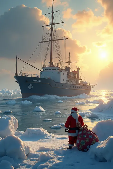 Floating base trawler Zabiyaka Bay sails into the sea with ice floes .  Santa Claus is in the foreground with a bag of gifts on the ice. The mood is great,daylight,Sun