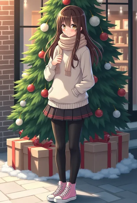 Chizuru Mizuhara　 White Breath　 in front of the store　 Christmas tree　 miniskirt　 black tights　 high-top sneakers 　 knitted sweater　 muffler 　snow　brown long hair
Style preeminent　Big Breasts　university student　20 years old