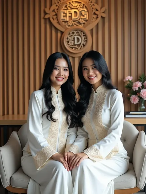 professional portrait of 2 beautiful Indonesian women with long black hair wearing modern white KEBAYA tradisional javanese with gold lace, high heels, sitting on sofa chair in front of them is a work desk, they all smile to the camera. elegant living room...