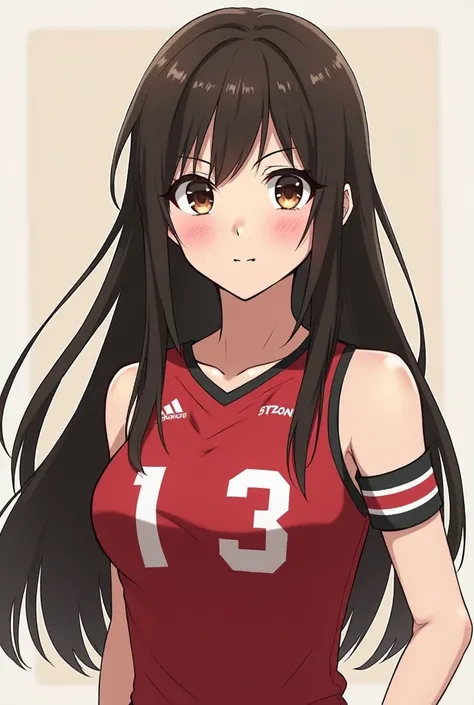 girl,  has long ,  straight and dark brown look that reaches the middle of her back.   Her big, brown eyes stand out for her determined .  measures 1 ,65 m,  her build is athletic but stylized ,  uniform haikyuu anime style . Nekoma Ekoma 
