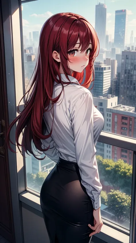 ((masterpiece, best quality:1.3, high detail)), beautiful woman looking away, long straight hair, (dark red hair), brown eyes, (full-face blush), (white collar shirt), baggy clothes, (long black midi pencil ((skirt))), collarbone, (lower body), (view from ...