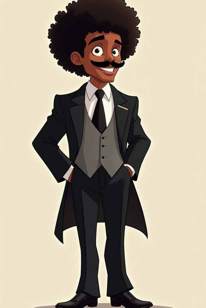 a dark-skinned man with afro hair and a mustache wearing a white shirt, black suit, black tie, black pants and black shoes in disney style