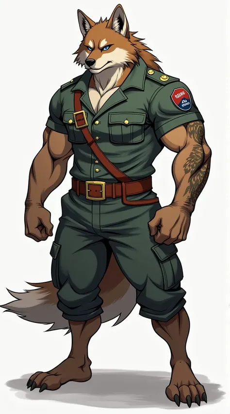 Muscular furry wolf dressed as a sergeant with a tattoo on his left arm digital drawing anime