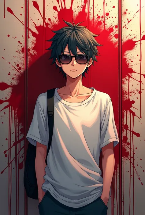 Casual, sunglasses, 1 boy, japan animation, a teenage male high school student, a blood-splitting background