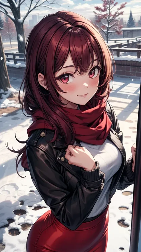 ((masterpiece, best quality:1.3, high detail)), beautiful woman, smile, looking at viewer, long hair, (maroon hair), solo focus, one person only, full-face blush, (brown jacket, white blouse, red scarf, (long red pencil ((skirt))), boots, outdoors, (cloudy...