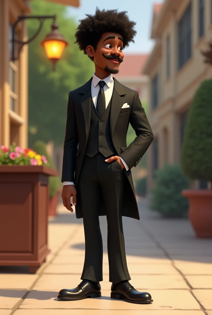 a dark-skinned man with afro hair and a mustache wearing a white shirt, black suit, black tie, black pants and black shoes in pixar style